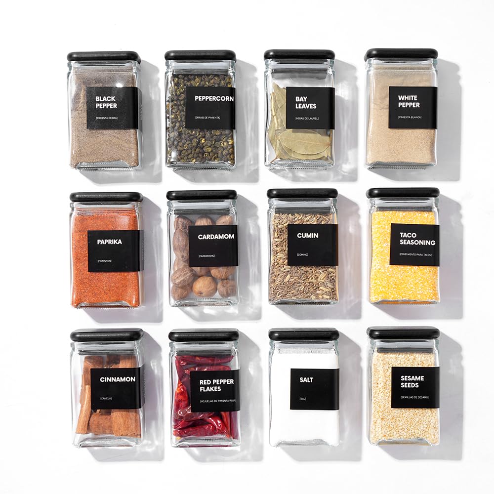 APT 1101 Glass Storage Jars with Bamboo Lid, glass canisters with airtight lids, Clear jars with lids for Spice, Cookie, Candy, Tea, Coffee Bean and Rice (Black, Spice Jar Set (4 oz, set of 12))
