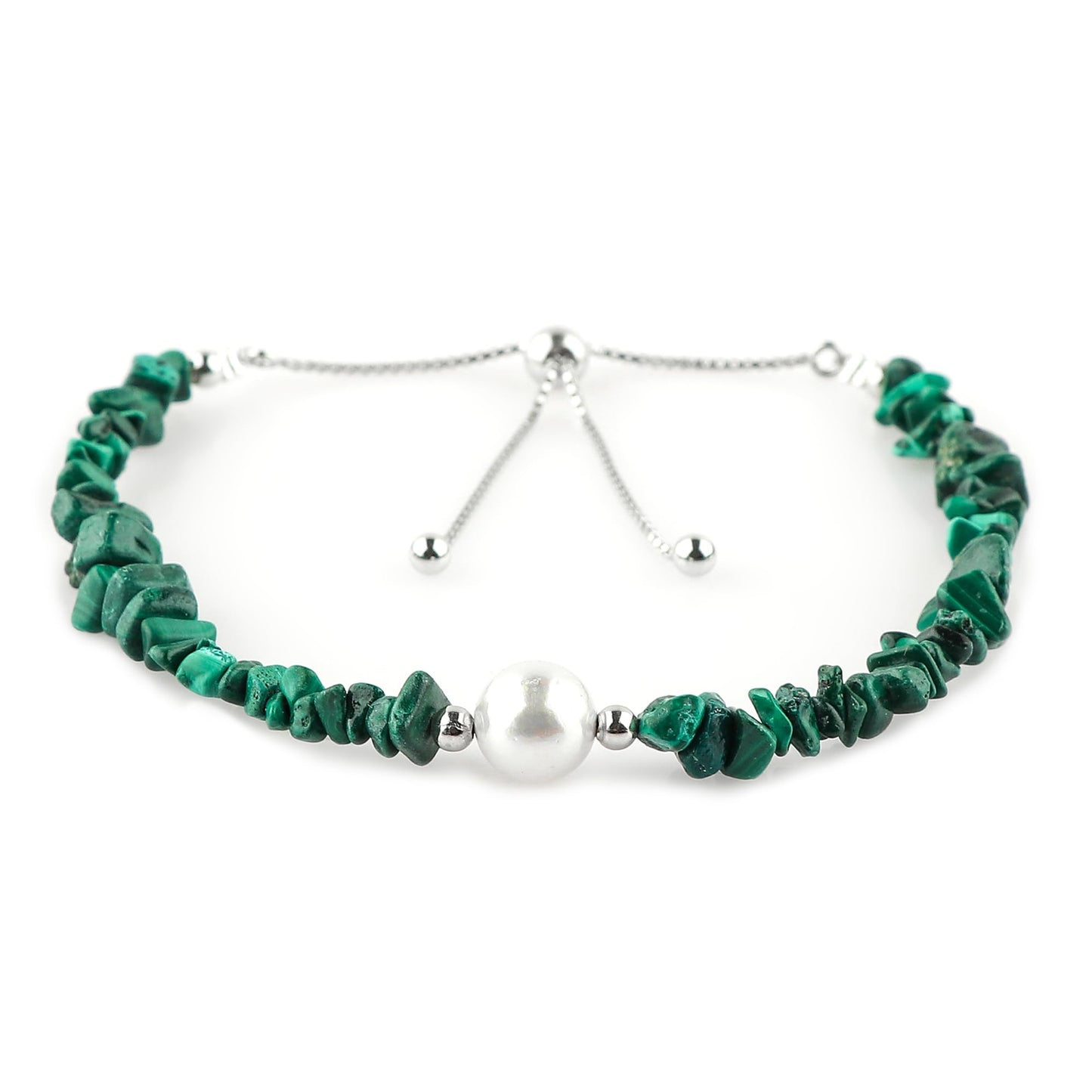 CRYSTALIS Natural Malachite Beads Slider Bolo Bracelet with Elegant Pearl, High Grade Nuggets Crystal, Chakra Healing Gemstone, Gift Giving Women Jewelry, 925 Sterling Silver Slider 10 inch