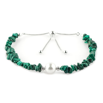 CRYSTALIS Natural Malachite Beads Slider Bolo Bracelet with Elegant Pearl, High Grade Nuggets Crystal, Chakra Healing Gemstone, Gift Giving Women Jewelry, 925 Sterling Silver Slider 10 inch