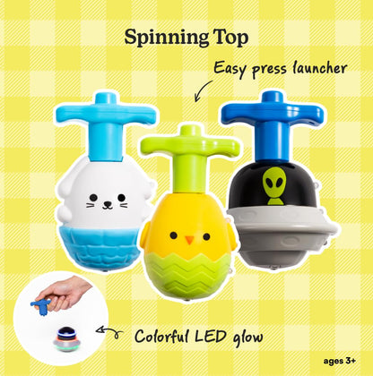 Light Up Spinning Top Toys for Kids – LED Flashing Spinner Tops with Colorful Glow, Handheld Spin Toy Party Favors & Classroom Prizes – Fun Designs 3-Pack (Chick, Bunny & Alien)