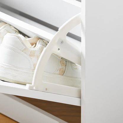 Haotian Small Shoe Storage Bench with Cushion, White Narrow Shoe Rack for Entryway, Small Shoe Cabinet with 2 Tiers Flip-Drawer, FSR195-K-W