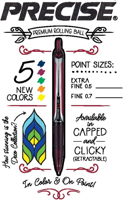 Advantage Gifts Precise V7 RT Retractable Rolling Ball Pens, Fine Point (.7mm), Black Ink, 6-pk; Premium Comfort Grip, Bundle with Plastic Reusable Pouch