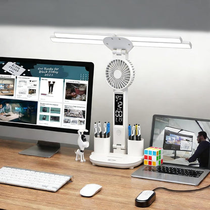 niccryle Led Desk Lamp with Fan Study Light with Clock, Adjustable Foldable Table Lamp with Pen Holder, 3 Brightness Levels, USB Charging Port