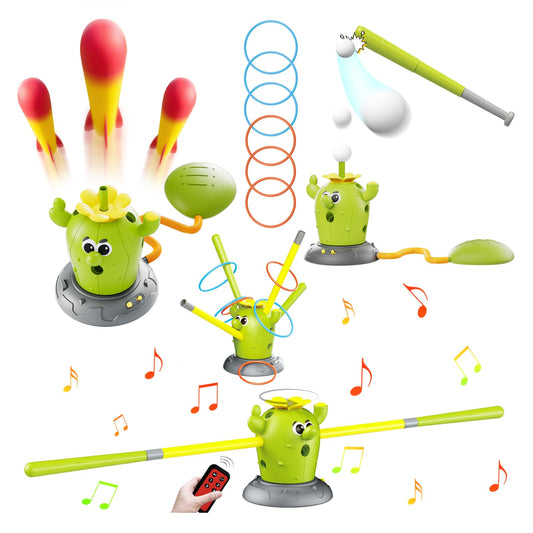 Cactus 4-in-1 Musical Jumping Toys Set with Ring Toss, Stomping Rocket Launcher and Baseball Game, Fun Indoor and Outdoor Toys for Active Play Sports Toy for Kids Ages 3 4 5 6 7 8+ Boys & Girls.