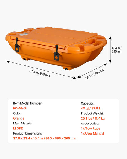 VEVOR 40QT Floating Cooler, Spacious Floating Ice Chest with Dry Storage Vessel & Tow Rope, Premium LLDPE Beverages Cooler for Water & Land, Smooth Cruiser on Lake River Beach Kayak - Orange
