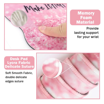4-in-1 Gaming Mouse Pad Wrist Support Set，Desk Pad + Mouse Pad with Wrist Rest + Keyboard Wrist Rest + Coaster, Ergonomic Design for Home Office Study Game - Pink Stay Positive