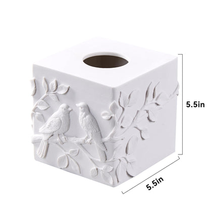 White Marble Relief Birds Square Tissue Box Cover Decorative,Resin Heavy Sturdy Tissue Box Holder, Facial Paper Holder for Bathroom Vanity Countertop, Bedroom Night Stand,Office and End Table