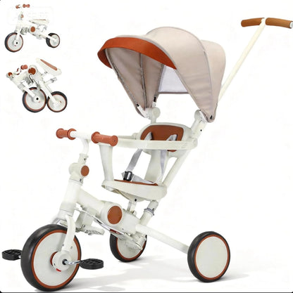 FVOJZQGD Toddler Push Foldable Tricycle with Canopy, 8 in 1 Balance Trike Baby Bike with Handle Toddler Tricycle for 1-3,Kids Folding Tricycles Chrismas and Birthday Gift for Boy and Girl Trike