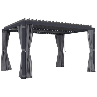 Outsunny 10 x 13 ft. Louvered Pergola Hardtop Gazebo with Adjustable Aluminum Roof and Frame, Outdoor Pergola with Curtains and Netting, for Garden, Lawn, Backyard, and Deck, Dark Gray