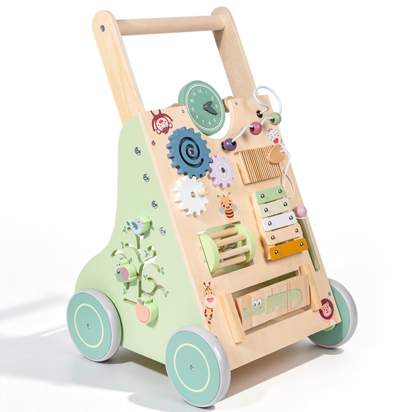 Brownroot Wooden Baby Walker with 10-in-1 Activity Center, Montessori Toddler Push Toy with Xylophone, Shape Sorter & Gears, Early Educational Learning Toy for 1+ Year Old Boys & Girls