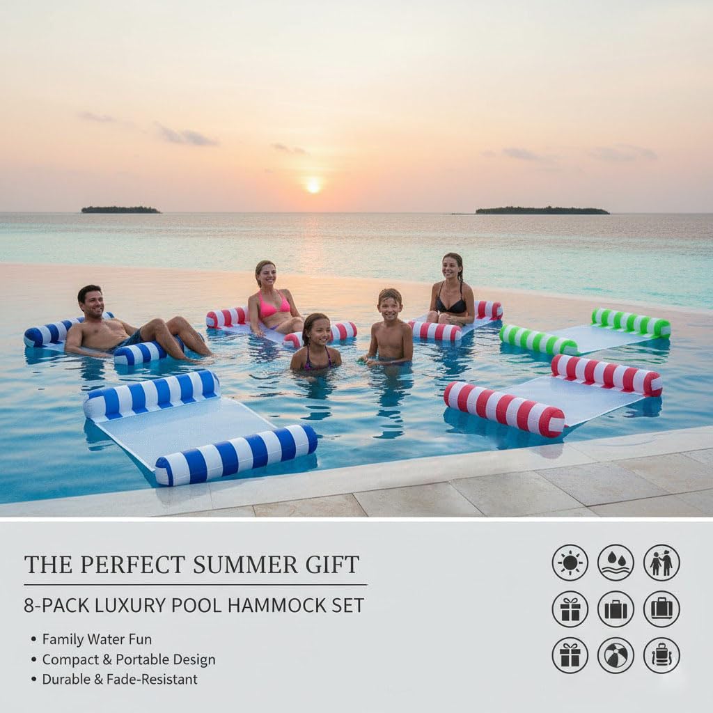 8 Pack Pool Hammock Upgrated Water Pool Floats, 4-in-1 (Hammock, Saddle, Lounge Chair, Drifter) Multi-Purpose Water Pool Float, Non-Stick PVC Material