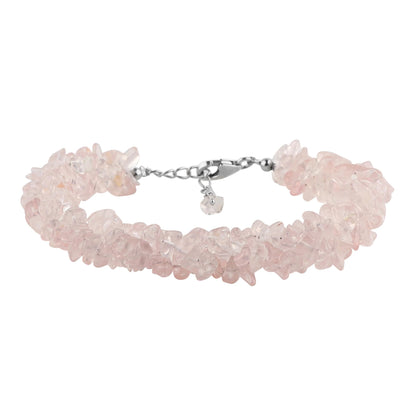 CRYSTALIS Natural Rose Quartz Beads Braided Rope Bracelet, Chips Nuggets Beaded Gemstones, Chakra Healing Stones, Gift Giving Womens Jewelry, 925 Sterling Silver Bracelet 8 inch