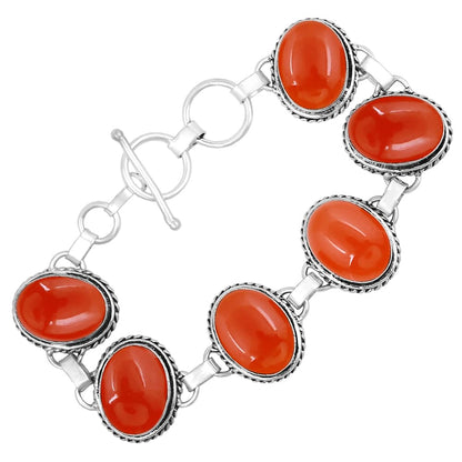Natural Carnelian Silver Plated Handmade Link Bracelet for Women - July Birthstone Oval Gemstone Adjustable Bracelet Vintage Style Jewelry - Wedding Christmas Gifts for Her