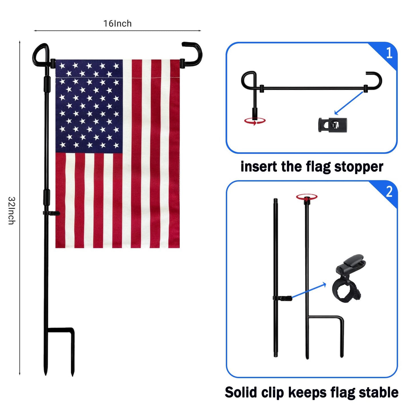 JRED Garden Flag Stand with American Garden Flags 12x18 Inch, Metal Yard Flag Holder Garden Flag Pole with Clips and Stopper, Small American Flags for 4th Of July Decorations