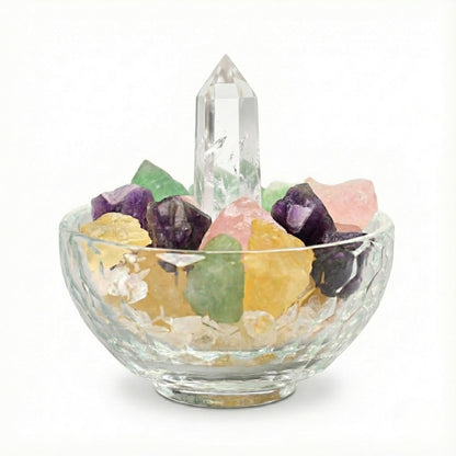 VELNORIX Crystal Decor Bowl Set – 4" Glass Cleansing Bowl with Real Healing Crystals: Clear Quartz Tower, Amethyst, Rose Quartz, Citrine & Fluorite – Meditation Decor & Spiritual Gift Box