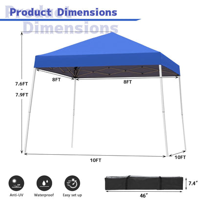 Oneofics Pop-up Canopy Tent, 10x10 Foot, Slant Legs with Carrying Bag, Gazebo Shelter for Patio Deck Garden and Beach, 8x8 Foot Cover Included, Blue