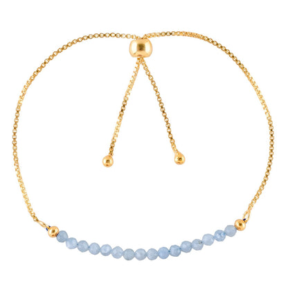 QNAVIC Natural Blue Aquamarine Gemstone Micro Beaded Dainty Slider Bolo Bracelet, Handmade Jewelry for women, Healing Chakra Crystals Birthstone Gift for Her, 14K Gold Plated Chain 6-9 inch