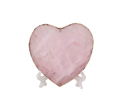 AMOYSTONE Large Heart Stone Rose Quartz Healing Crystals Birthday Gifts for Women, Natural Reiki Meditation Pink Crystal Gilded Edge Heart Shaped 3.5-4"/pc with Plastic Bracket