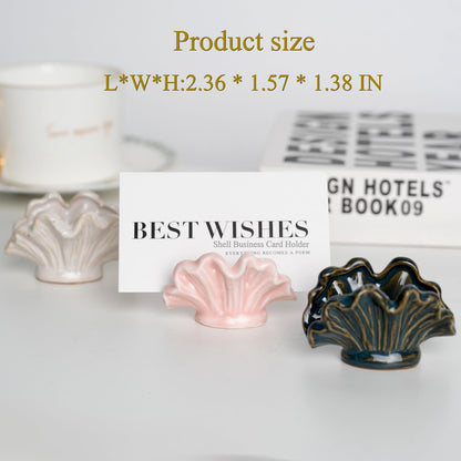 wowhalolo Ceramic Shell Business Card Holder Set of 3 - Pink, White, Blue - Boho Vertical Desk Organizer and Business Card Display for Office,Wedding,Home Decor- Cute Desk Accessories and Unique Gift