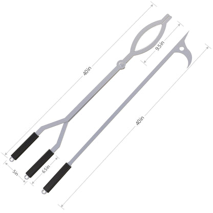 40" Fire Tongs Firewood Grabbers and Fire Poker Set, Stainless Steel Large Log Grabbers for Outdoor Fireset Fire Pit Bonfire Campfire Backyard Deck Indoor Fireplace Tools Set