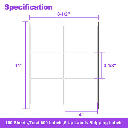 AveneMark 100 Sheets 600 Labels Shipping Address Labels, 6 up 3-1/3" x 4" Quick to Peel Stickers Paper for Laser & Inkjet Printers, Printable Mailing Labels Stickers (6 Labels per Page Sheet)