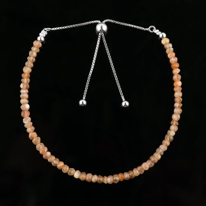 CRYSTALIS Natural Peach Moonstone Gemstone Beads Slider Bolo Bracelet, High Grade Beaded Crystals, Chakra Healing Stone, Gift Giving Women Jewelry, 925 Sterling Silver Slider 10 inch