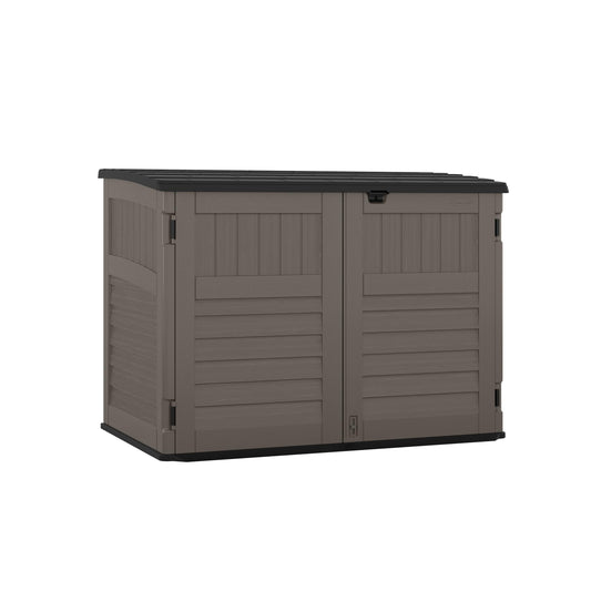Suncast 5.9 ft. x 3.7 ft Horizontal Stow-Away Storage Shed - Natural Wood-Like Outdoor Storage for Trash Cans and Yard Tools - All-Weather Resin, Hinged Lid, Reinforced Floor - Made in The USA