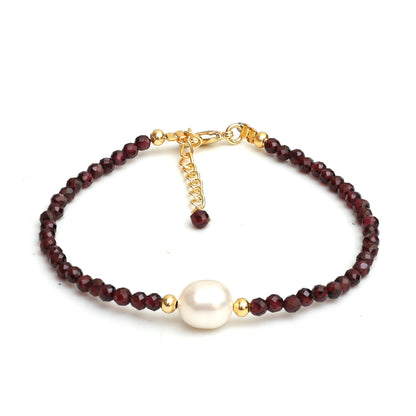 Gempires Red Garnet Beaded Bracelet with Pearl Choker Crystal Jewelry Handmade January Birthstone Gifts 7.5 Inch Gold Plated Lightweight Gemstone Bracelets