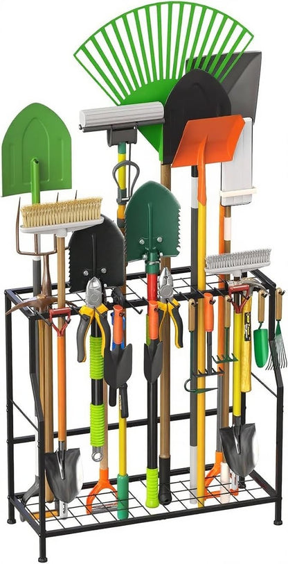 Garden Tool Organizer 2 Tier Yard Storage Rack With14 Hooks,Heavy Duty Holder With 43 Long-Handled Slots,Freestanding Tool Organizers and Storage for Yard Shed and Lawn