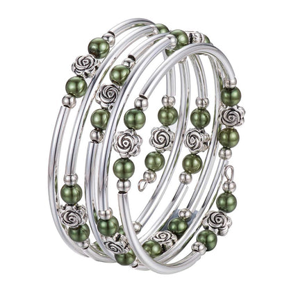 BULINLIN Wrap Bangle Rose Bead Bracelet - Beaded Bracelet with Natural Agate Stone Gifts For Women(01-Olive green pearl)
