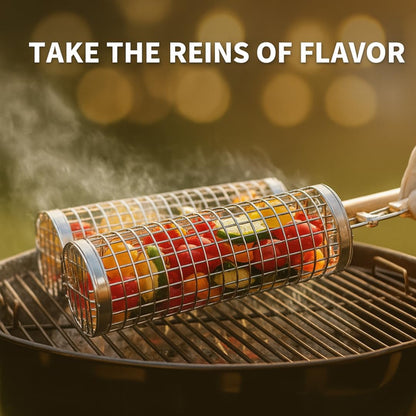 Grill Well 2.0 - Rolling Grill Basket (2 PCs) ideal as Birthday Gift for Dad who has Everything, BBQ Vegetables Grill Baskets, Outdoor Cooking Gadgets, Mens Gifts Ideas, BBQ Smoker Accessories & More