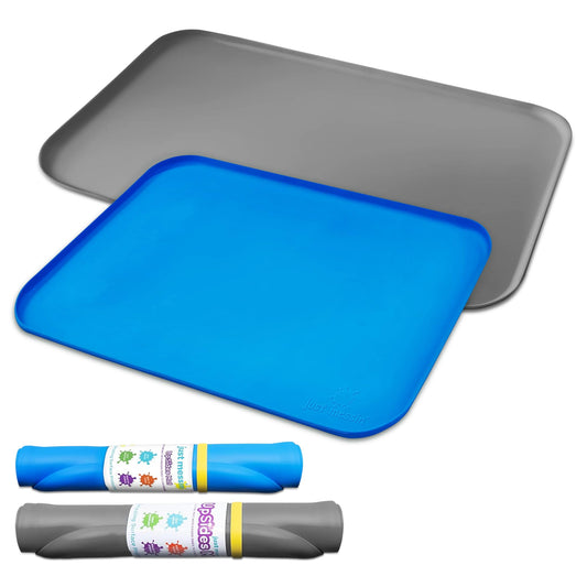 Just Messin' Silicone Art Mat Bundle – 16”x26” Gray & 12”x18” Blue Mats with High .6" Edge, Non-Slip, Heat Resistant for Crafts, Resin,Paint & Jewelry-Making