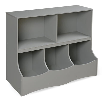 Badger Basket Multi-Bin Storage Cubby for Kids - Toy Organizer with 3 Cubbies, 2 Open Shelves, Display Top for Playroom or Bedroom - Storage Unit for Toys, Books & More - Gray