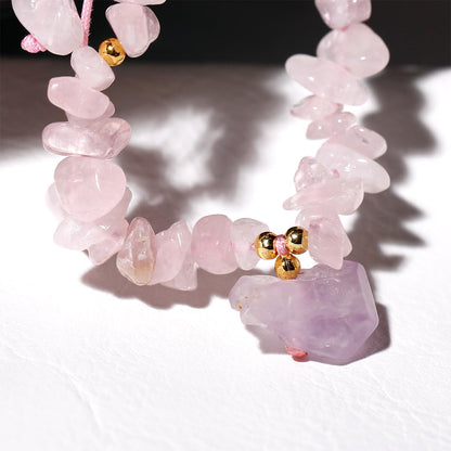 Jewever Chip Reiki Raw Amethyst Rose Quartz Crystal Bracelet for Women Chakra Tumbled Healing Crystals and Gemstones Yoga Meditation Stone Bracelets Adjustable (Rose Quartz)