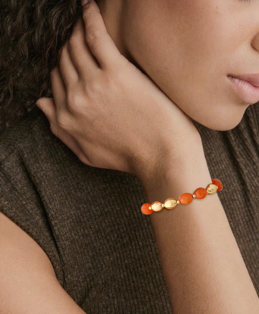 NVWAROCK Beaded Bracelet for Women, Gemstone Bracelet, 14K Gold Plated Stackable Handmade Oval Stone Bracelet Jewelry Gift - Orange