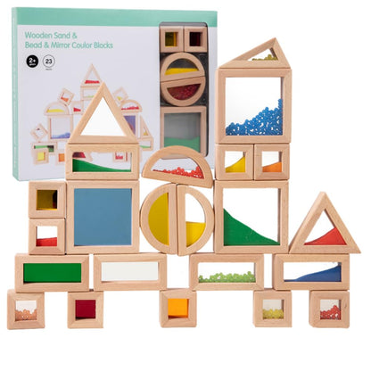 KAXCOT Rainbow Sensory Stacking Toys, Stem Education Building Block Set, 23 Wooden Beads, Fine Sand Sound Building Blocks, Toddlers, Infants, Children, Colorful Geometric Stacking Toys