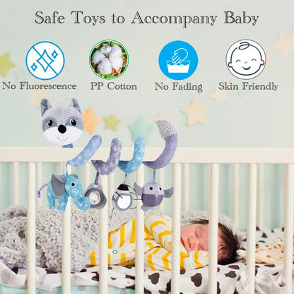 ORZIZRO Car Seat Toys, Baby Plush Spiral Hanging Toys for Stroller Crib Bar Bassinet Car Seat Mobile with Musical Owl BB Squeaker Elephant- Gray Fox