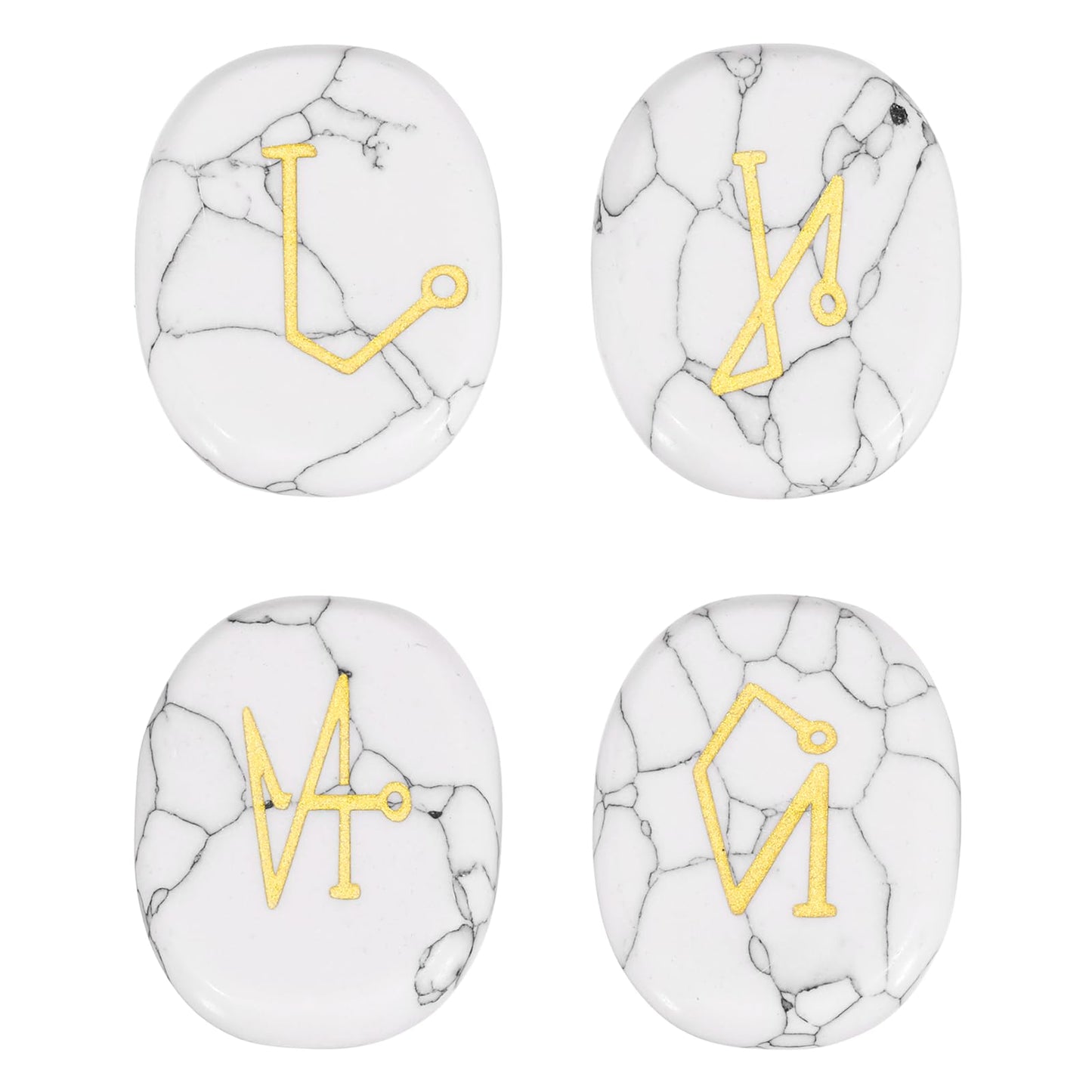 MECCANIXITY 4Pcs Engraved Chakra Stones with Reiki Symbols, White Howlite Reiki Healing Crystal Gemstone 7 Chakra Crystal Stones Tumbled Palm Stone for Anxiety Relieve