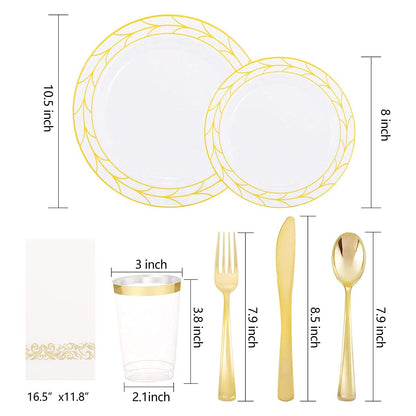 COLOSUS 175pcs Disposable Gold Plastic Plates and Silverware set Include Plastic Dinner Plate/Dessert Plate/Gold Silverware/Cup/Napkins 25pcs of each, New Year Dinnerware Set for 25guests.