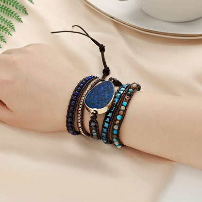 Plumiss Boho Bracelets Handmade Lapis Lazuli Stone Beaded Leather 5 Wrap Bracelet for Women Men Gift