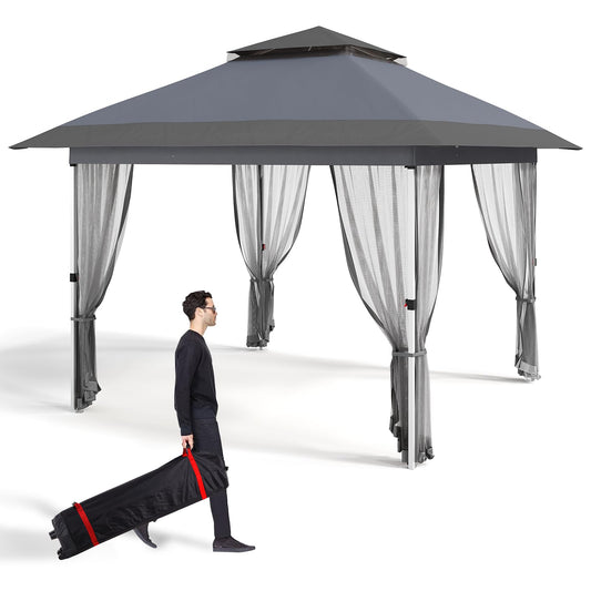 Garvee 11'x11' Gazebo Canopy Tent with Curtains, Pop Up Outdoor Shelter with Mosquito Netting for Patio, Backyard Party, 2-Tiered Vented Top, 121 Square Feet of Shade, Gray