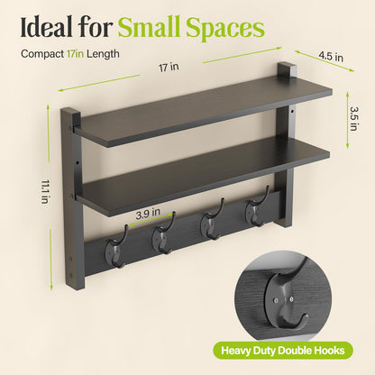 Orapoke Two-Tier Wall Shelf with Hooks, 17" Coat Rack Wall Mount with Shelf, Entryway Key Hooks for Wall with Heavy Duty Double Hooks, Coat Hook Wall Mounted for Bedroom, Living Room, Black