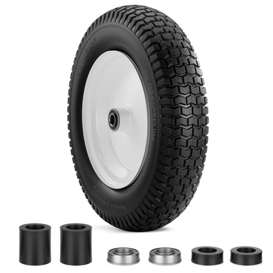 4.80/4.00-8 Tire, 14.5" Flat-free Solid Tire Wheels with 5/8" Axle Bore Hole, 3-7" Centered Hub, Universal Fit 4.80/4.00-8, 3.50/3.00-8, 4.00-6 Wheelbarrow Wheels(White, 1 Pack)