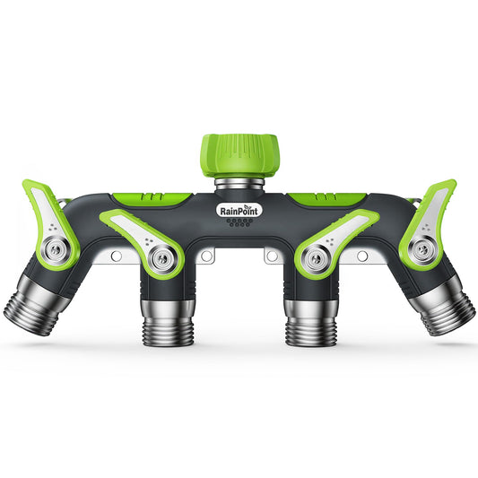 RAINPOINT 4 Way Garden Hose Splitter, 100% Metal Heavy Duty Water Hose Splitter with Individual Shut-Off Valves, 3/4" GHT High Flow Outdoor Faucet Splitter, 1.81" Extra Long Handle (Green)
