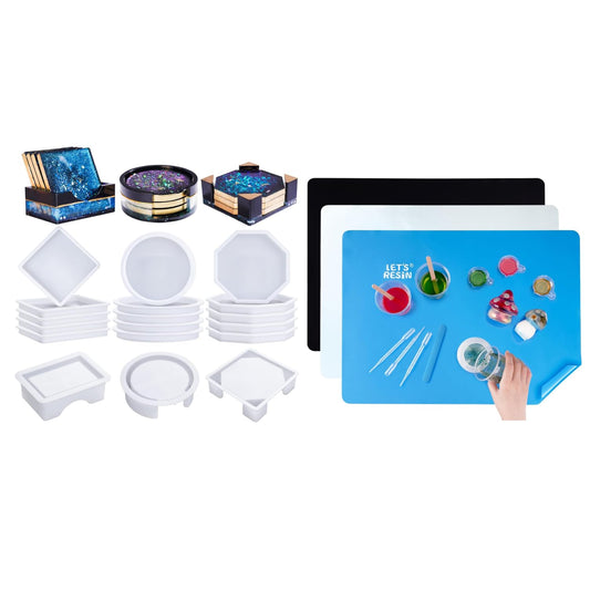 LET'S RESIN 18 Pcs Coaster Resin Molds Silicone with 3-in-1 Silicone Mat - 15.7" x 11.7" Nonstick & Nonslip Craft Mat, Heat-Resistant for Resin, Paint, Clay