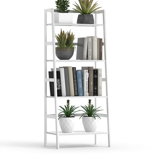 Thalomely Bamboo White Bookshelf, 4-Tier Ladder Shelf Freestanding Space Saver Open Bookcase Book Shelf, Bamboo Storage Shelving Unit Flower Plant Stand for Living Room, Bathroom, Home Office