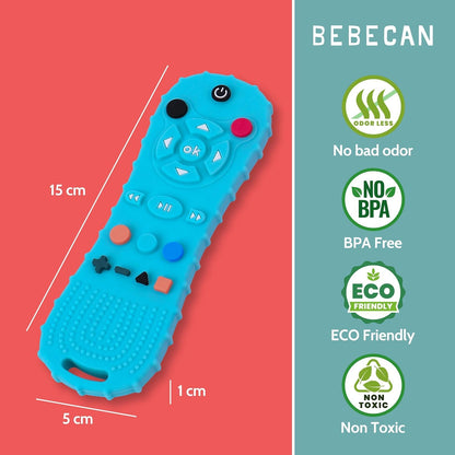 BEBECAN 3 Pack Silicone Baby Remote Teether Chew Toy for Infant TV Teething Remote Control Shape Play Remotes for Babies 3-24 Months (Black+Blue+Pink)