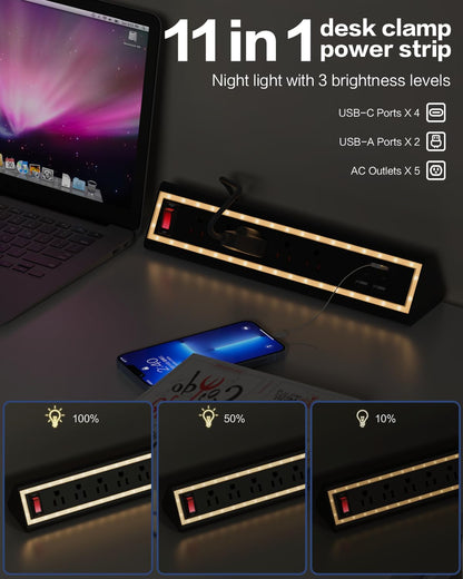 NYYTGE Desk Clamp Power Strip with Nightlight, 40W Fast Charging, 6FT Extension Cord, 4x20W USB-C & 2 USB Ports, 5 AC Outlets, Fits 1.69-Inch Table Edges