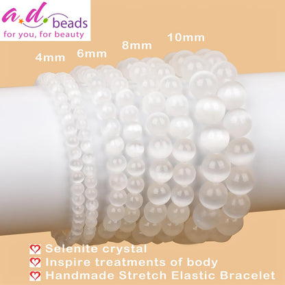 AD Beads Handmade Gemstone Stretch Elastic Bracelet Crystal Healing Reiki Nature's Beauty and Spiritual Essence Unisex (10mm, Selenite Crystal (Inspire Treatments))
