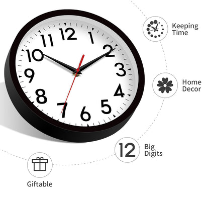 DAXSMY 12 Inch Wall Clock Silent Non-Ticking Battery Operated Analog Clock Decorative for Office Kitchen Outdoor Living Room Classroom Bedroom Bathroom School(Black)